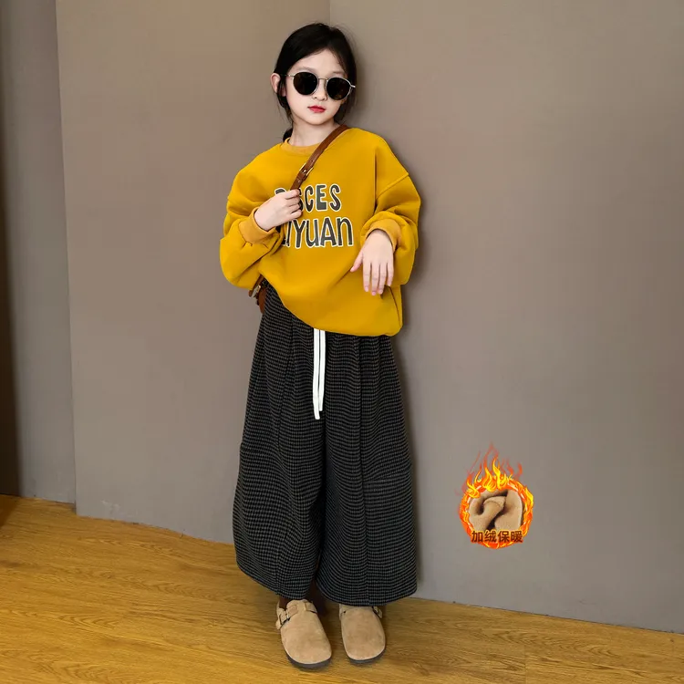 女童秋冬加绒套装2025新款儿童女孩韩系穿搭卫衣加绒格子裤套装潮