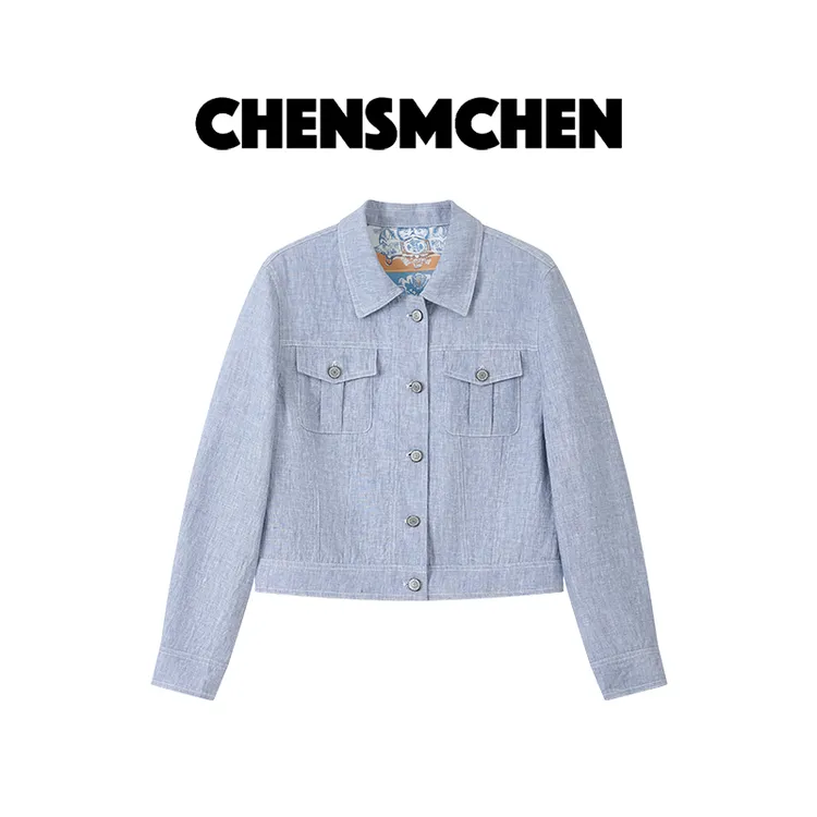 CHENSMCHEN100亚麻简约短款翻领外套女时尚休闲显瘦上衣CSW7643YW