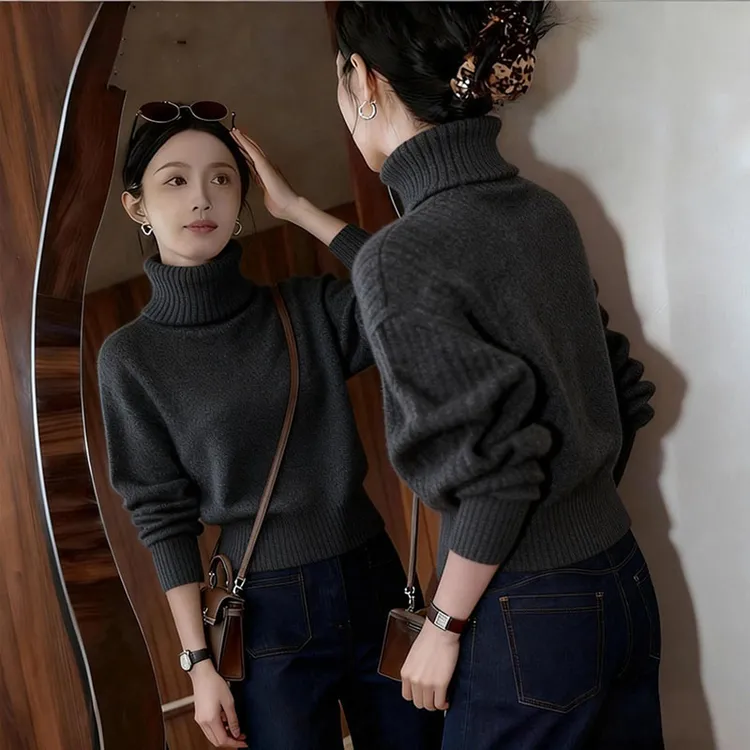 深灰色高领加厚毛衣女2025秋冬穿搭韩版气质高腰短款长袖针织上衣
