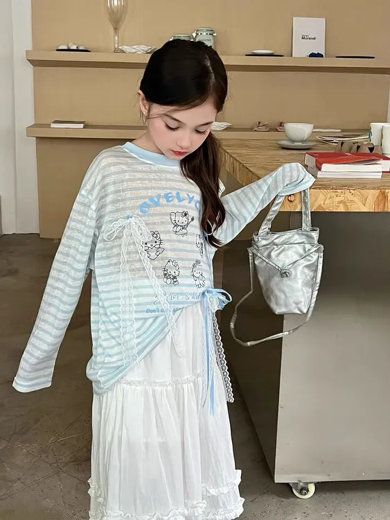 【亲子装】莱塞尔女童洋气条纹轻薄凉感防晒衫遮阳多巴胺长袖T恤