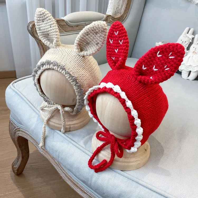 宝宝帽子毛线帽护耳帽兔子帽秋冬加厚保暖手工帽套头帽可爱卡通