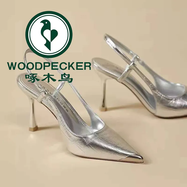 啄木鸟轻奢银色凉鞋女2025夏新款高级感包头后空配裙子细跟高跟鞋