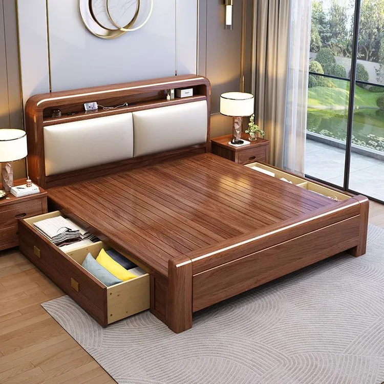 轻奢简约金丝檀木全实木1.8米1.2米可充电可储物软靠主卧