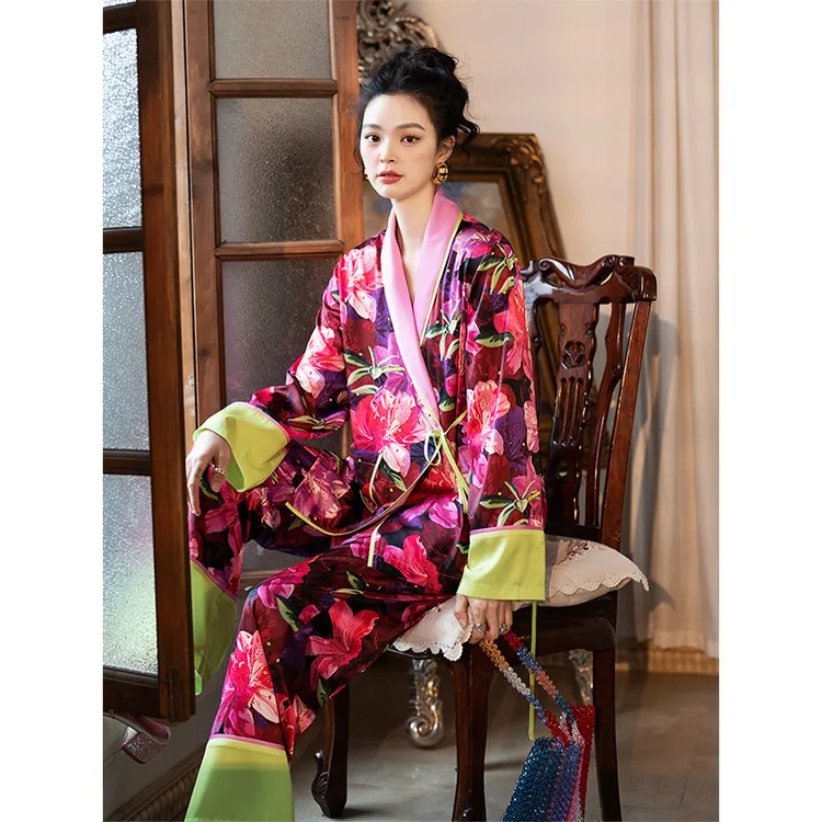 秘境花园睡衣长袖长裤套装仿真丝冰丝宽松慵懒青果领家居服春新