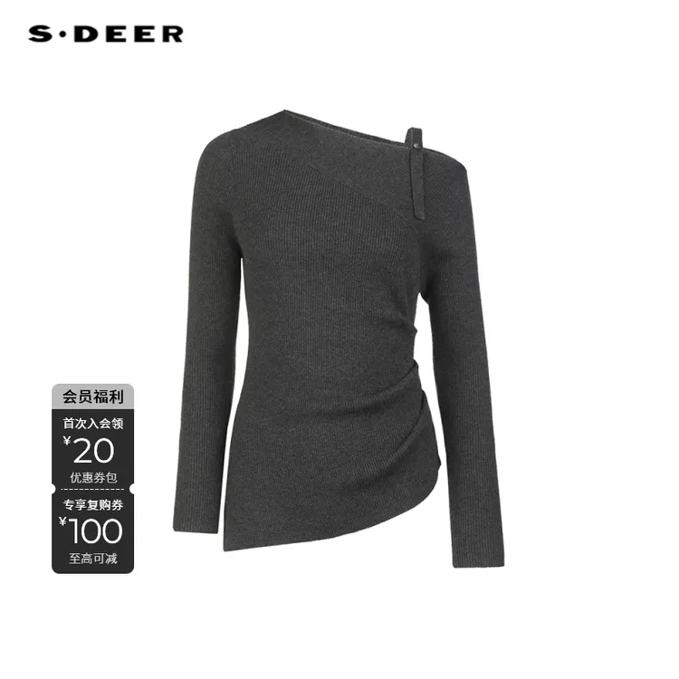 S·DEER圣迪奥不规则针织衫时尚灰色早秋长袖上衣慵懒风S253Z3549