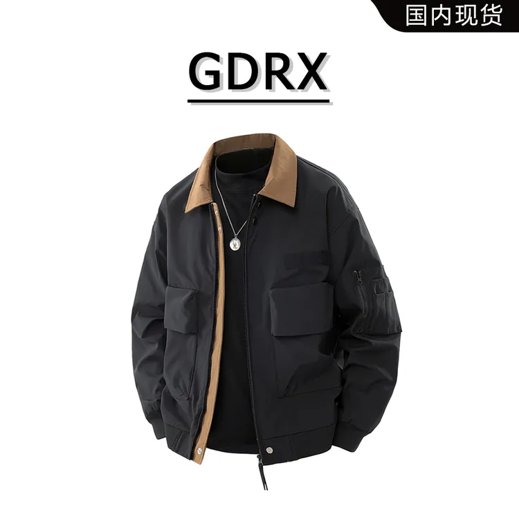 GDRX痞帅港风翻领男士夹克2025秋季新款百搭潮流工装假两件外套