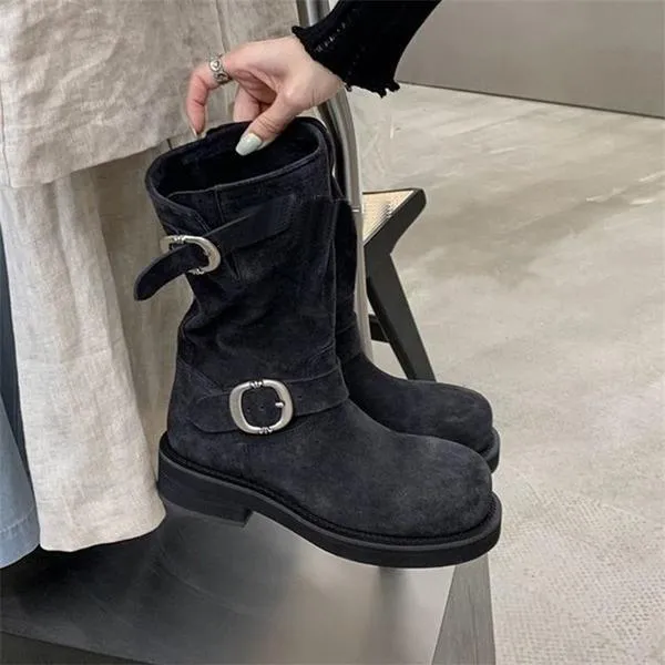厚底马丁靴女2024秋季新款复古中筒西部堆堆靴皮带扣金属机车