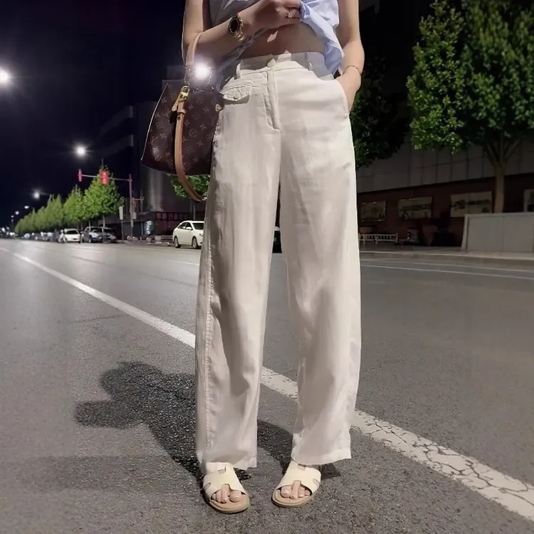 夏季薄款爆款亚麻直筒阔腿裤子大码垂感透气宽松高腰显瘦休闲裤女