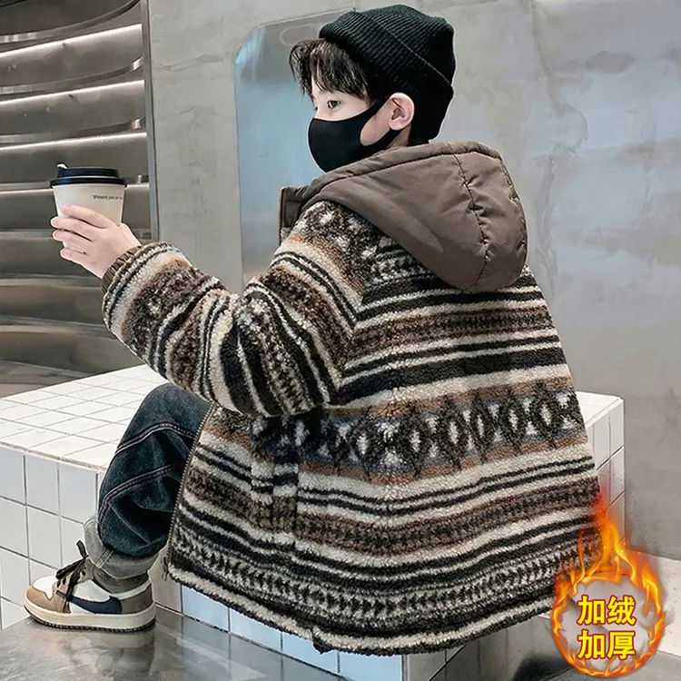 儿童装男童冬装加绒外套2025新款中大童秋冬款男孩加厚冬季毛毛衣