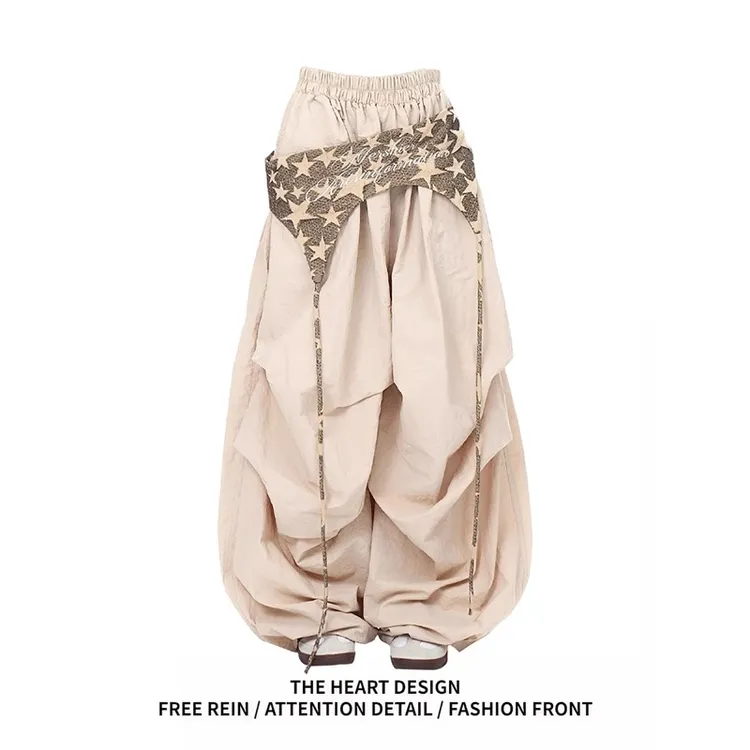 美式复古腰封屁帘伞兵工装裤女夏季新款设计感褶皱阔腿裤弯刀裤子