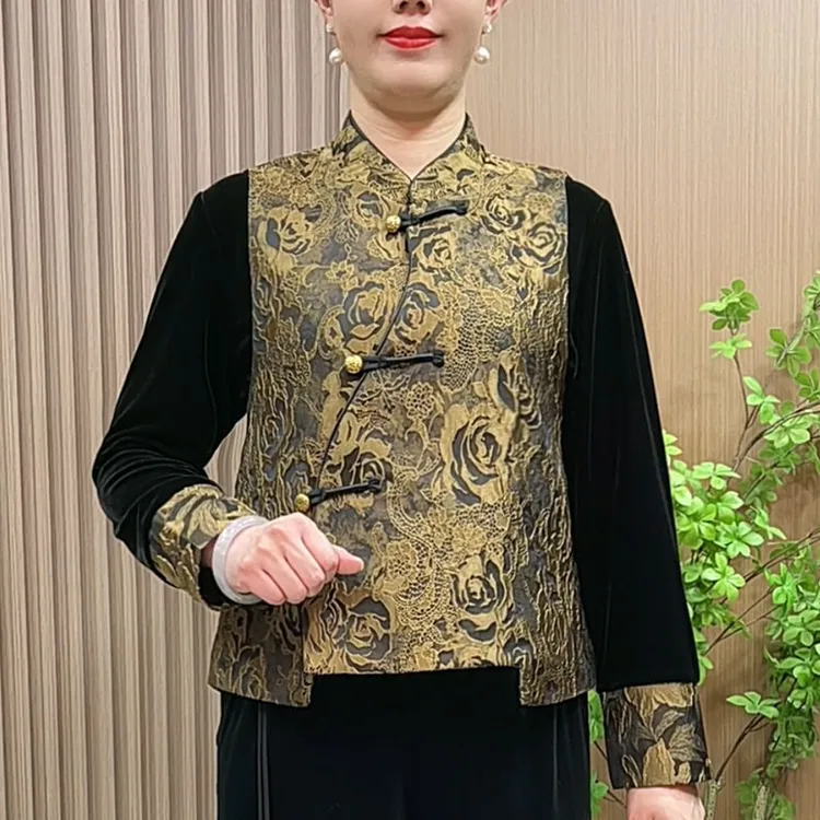 2025春装新款中年妈妈国风斜襟提花马甲短款时尚宽松两件套装上衣