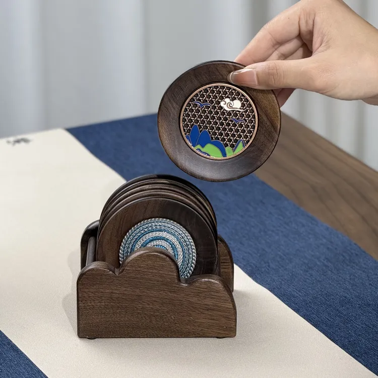 胡桃木珐琅彩茶杯垫中式隔热垫高档实木茶托禅意茶室家用茶具配件