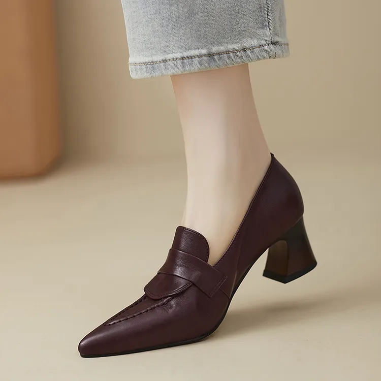 小个子手工女鞋6cm~百搭真皮复古粗跟单鞋女春季新款法式高跟鞋