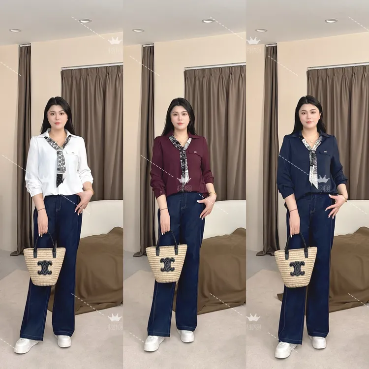 【栩栩秋款衬衫】PDM22462早秋新款潮流翻领飘带慵懒风大码女装衬衫