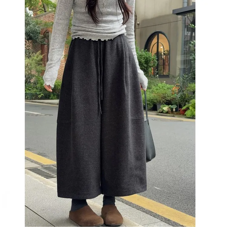 大码冬季深灰色垂感加绒阔腿裤女梨形身材高腰宽松显瘦八分休闲裤