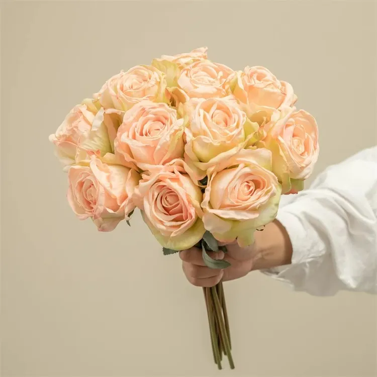 复古焦边玫瑰花束仿真花单支假花仿生花朵高级感客厅摆设插花摆件