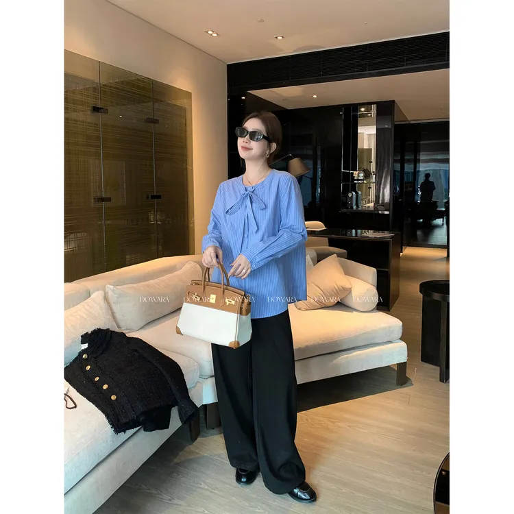 大婉酱微胖定制【海风拂纹】条纹系带领宽松衬衫松弛气质上衣0366D