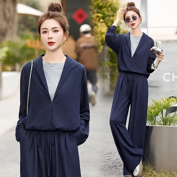 设计感假两件衬衫上衣套装女2025年春季新款气质休闲阔腿裤两件套