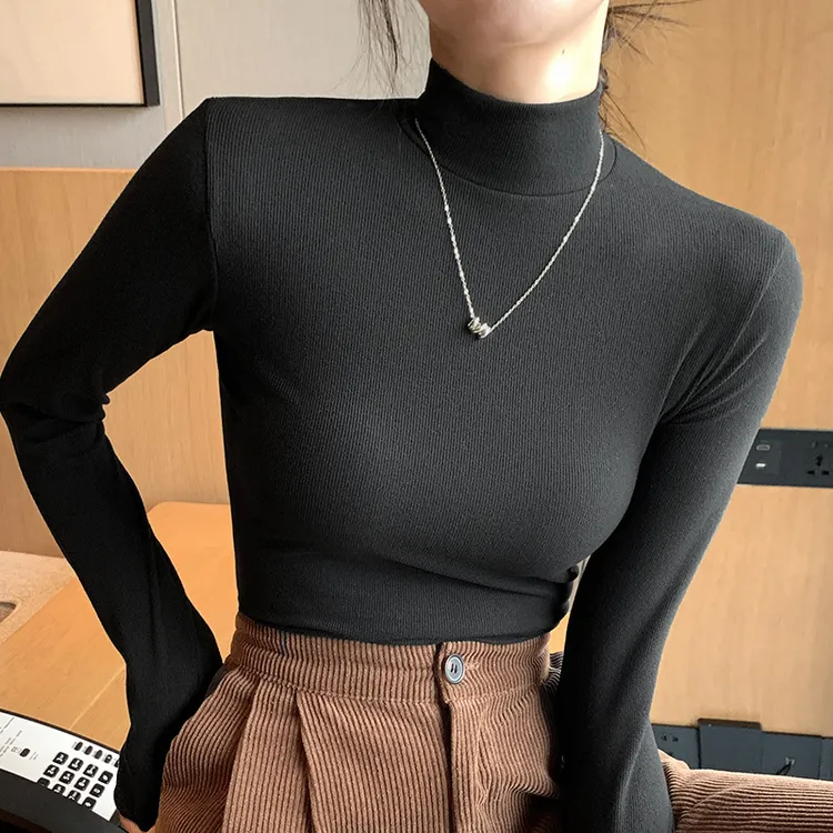 2025新款打底衫半高领女内搭纯色秋衣洋气秋季抗皱螺纹紧身T恤