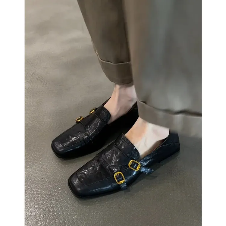 羊皮版~英伦复古方头搭扣一脚蹬乐福鞋女通勤百搭真皮小皮鞋单鞋