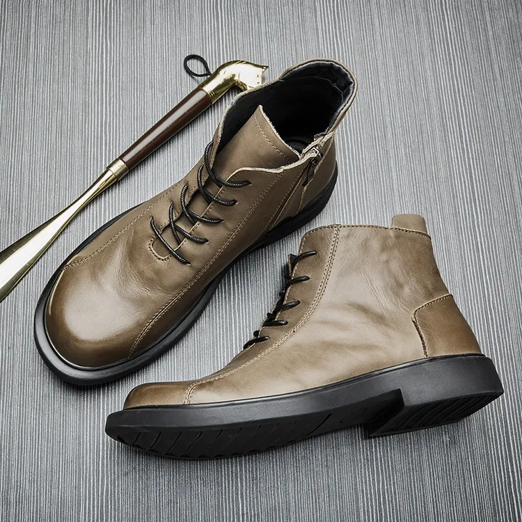 头层牛皮皮靴男士马丁靴厚底冬季真皮高帮百搭户外圆头休闲靴子潮