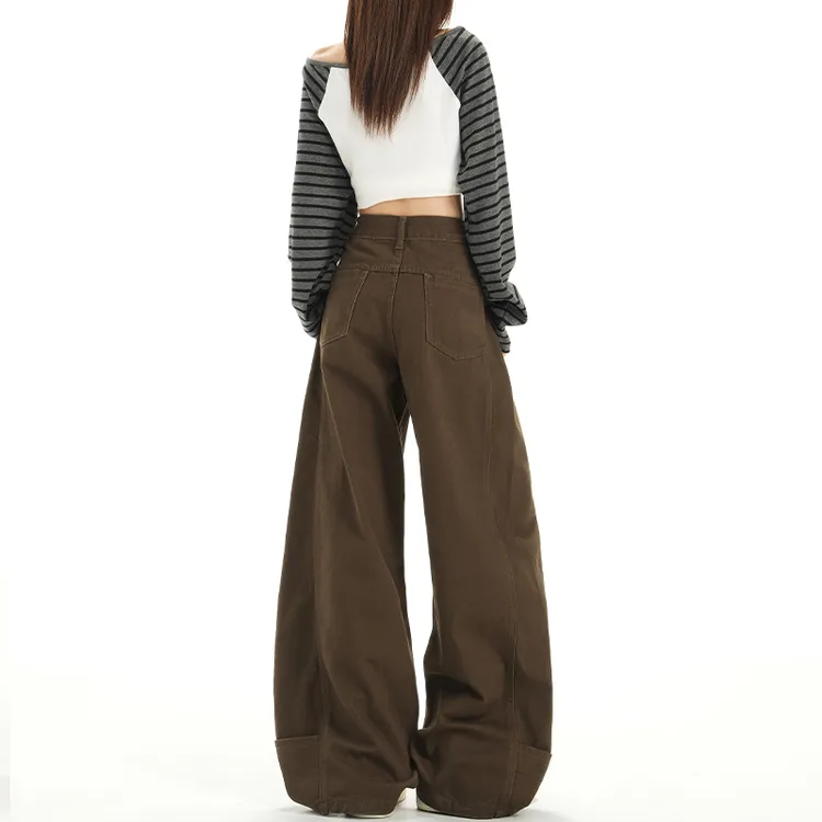 棕色美式弯刀牛仔裤女秋装2025年新款高腰显瘦梨形宽松休闲拖地裤