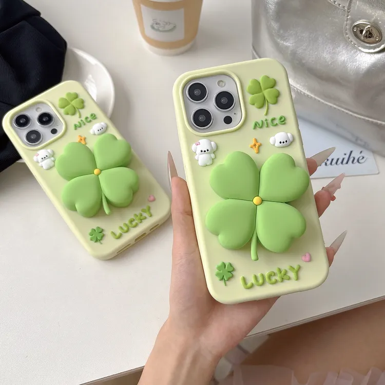 苹果|小清新支架四叶草适用于iPhone16可爱卡通立体硅胶手机壳