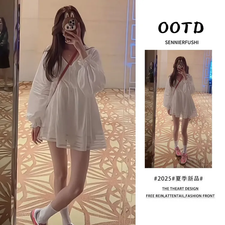 时尚穿搭女2025夏季新款潮百搭显瘦简约气质高级感V领长袖连衣裙