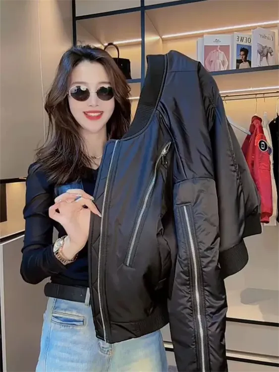 欧货秋装2025新款大码短款棒球服女美式拉链设计感飞行员夹克女款