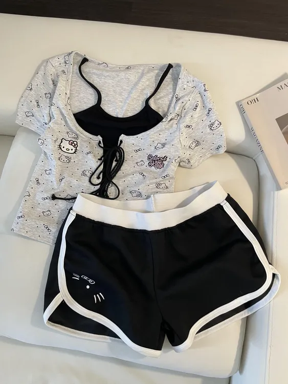 韩系设计感假两件Kitty 猫睡衣女2025年夏季休闲短裤家居服两件套