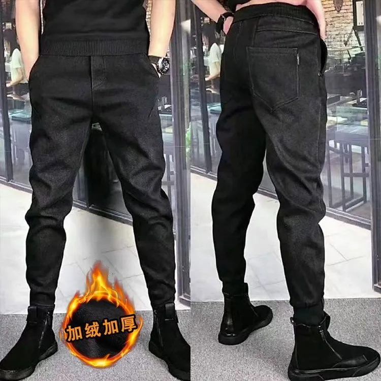 黑色加绒牛仔裤束脚修身百搭小脚裤潮流秋冬新款男款牛仔裤简约