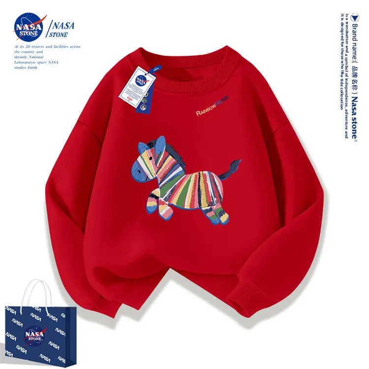 NASA联名儿童加绒卫衣秋冬装圆领上衣2026马年红色本命拜年上衣服