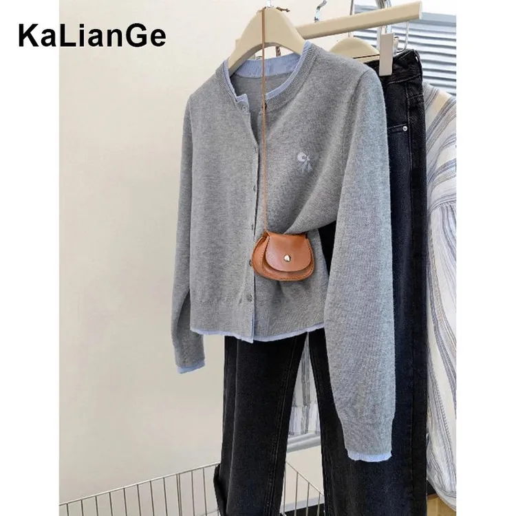 卡莲格/秋季新款修身显瘦圆领上衣灰色假两件长袖针织开衫外套女