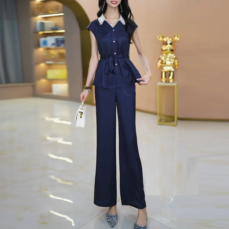 时尚薄款POLO领短袖两件套女2025夏季新款妈妈通勤休闲阔腿裤套装