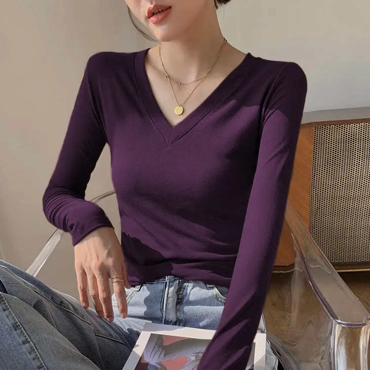 葡萄紫V领长袖t恤女2026春秋季新款修身显瘦内搭外穿百搭打底衫