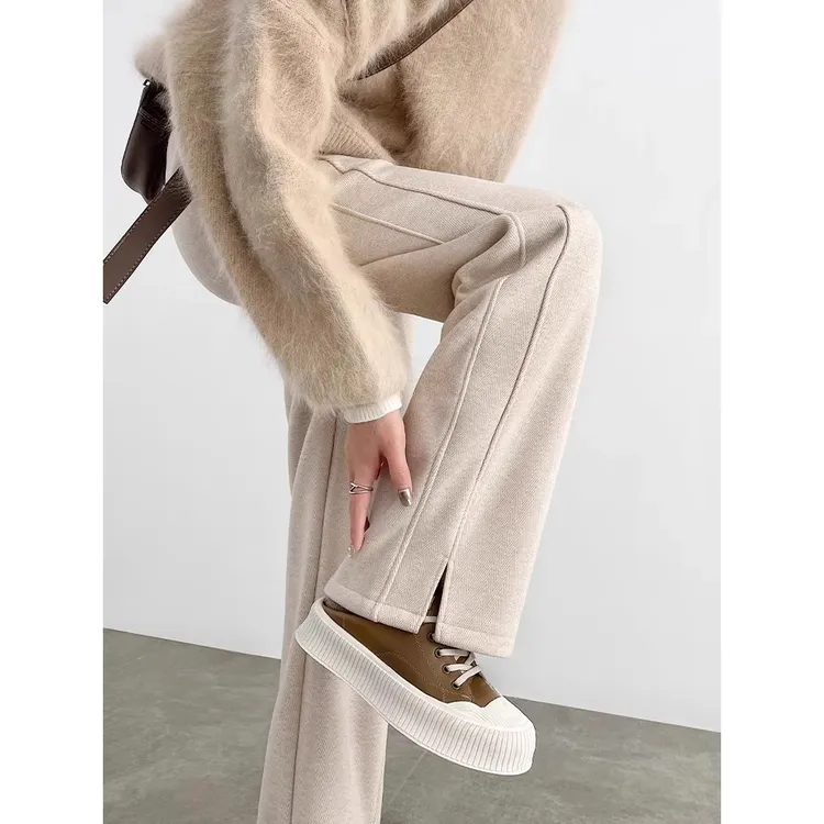 醋酸阔腿裤女秋冬新款开叉加绒裤子直筒裤窄版香蕉裤人字纹毛呢裤