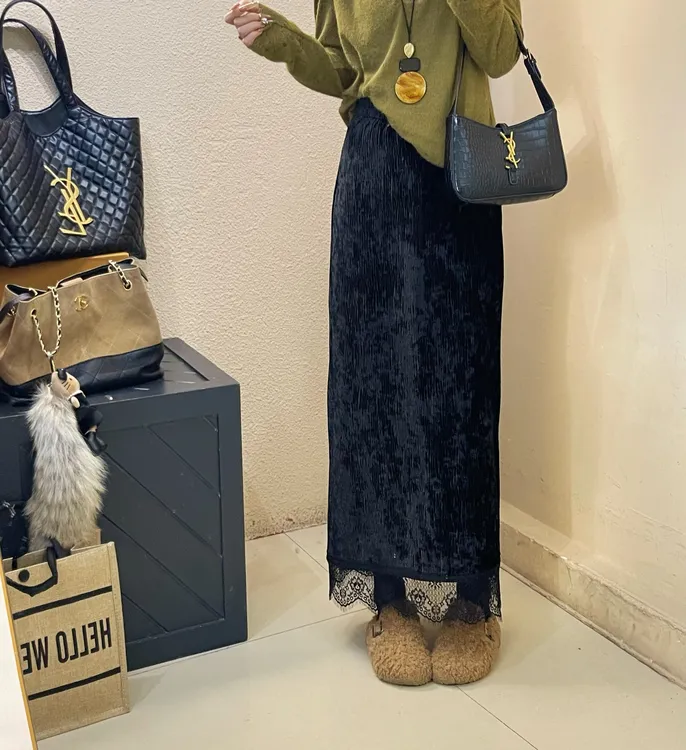 2025冬季新款加绒压褶花边半身裙高级感洋气修身显瘦百搭轻奢