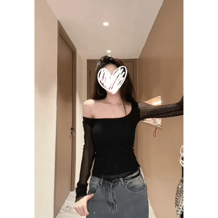 2025秋冬亮片内搭长袖气质夏季黑色辣妹风长袖T恤露肩性感一字肩