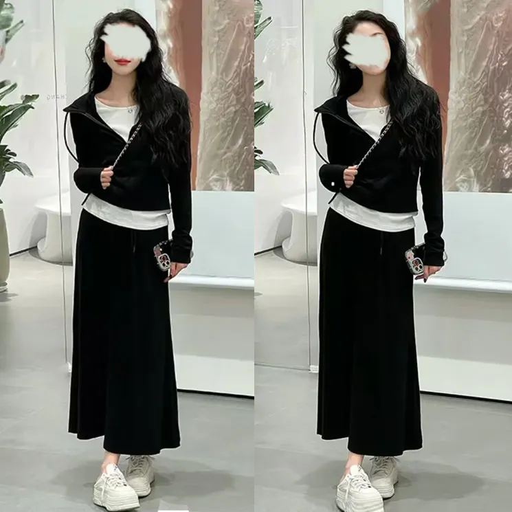 2025年新款韩版宽松显瘦假两件连帽气质收腰连帽卫衣半身裙套装女