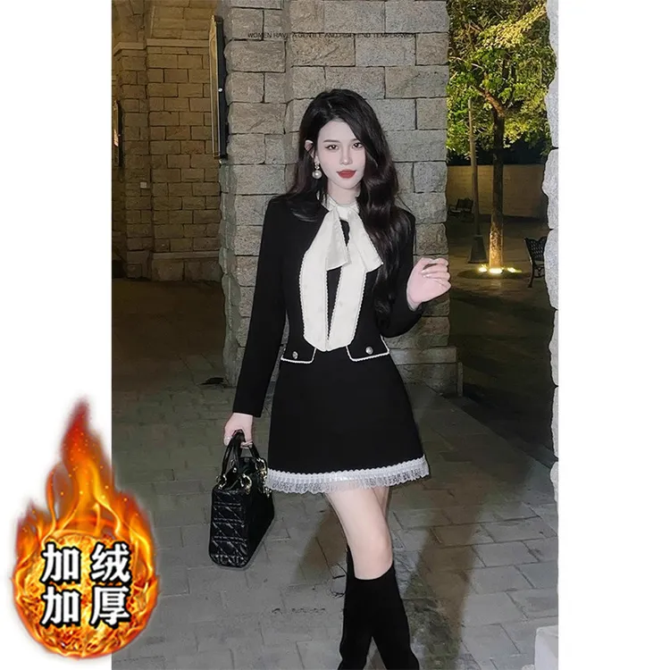 【有颜值】【加绒加厚】法式高级千金小香连衣裙秋冬贵气感短裙QJ0191