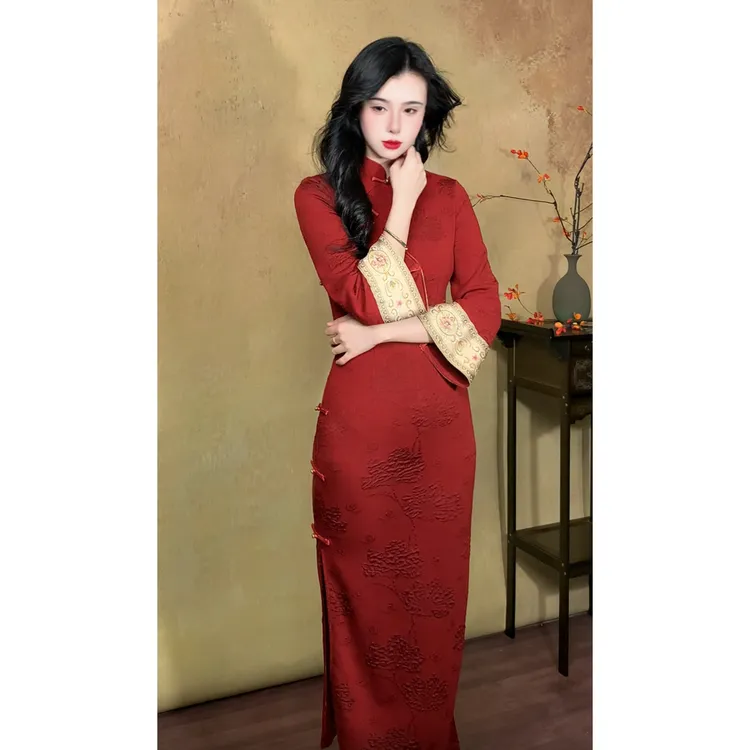 【红妆】玉簪记新款长袖中国风红色气质优雅旗袍连衣裙