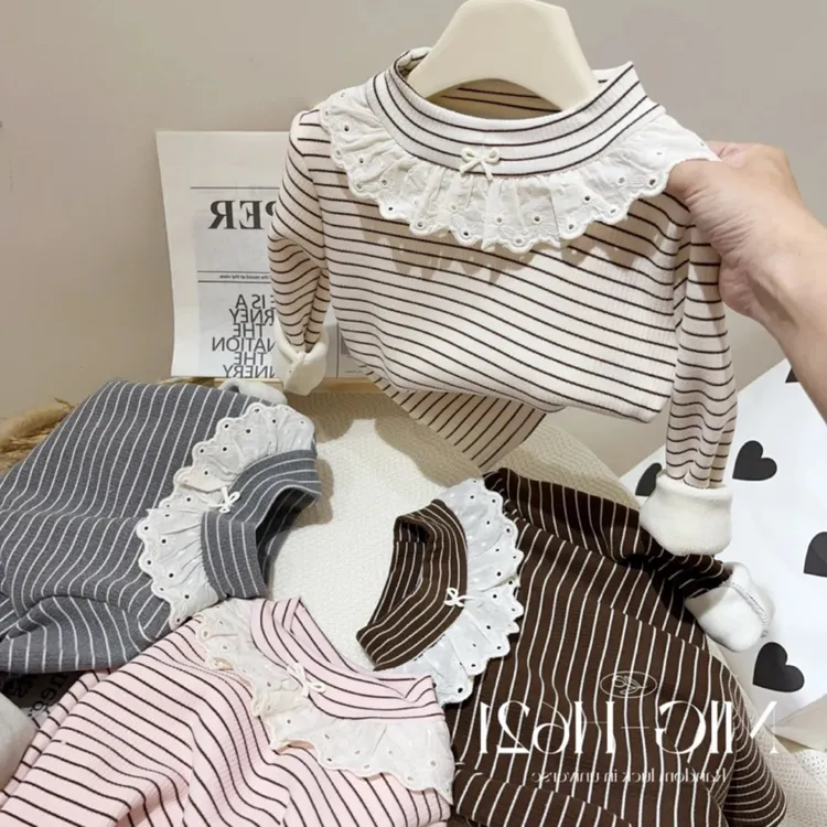 女童加绒打底衫秋冬条纹宝宝T恤儿童洋气保暖一体绒长袖加厚上衣