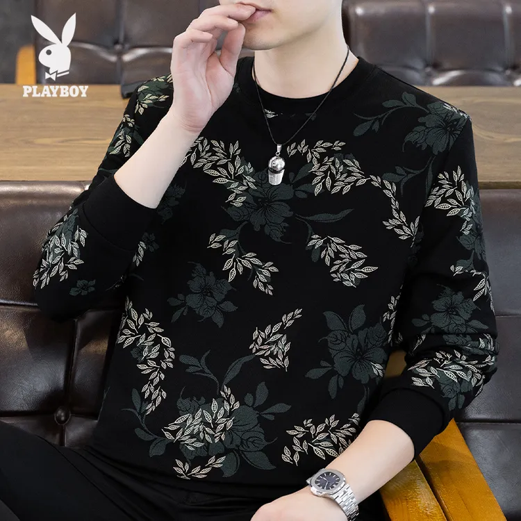 花花公子碎花男士卫衣秋冬新款百搭潮牌休闲线衣圆领百搭上衣