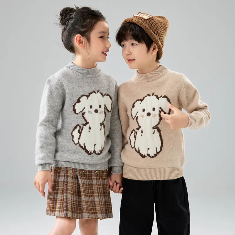 儿童纯羊毛衫半高领秋冬男童女童卡通小狗加厚毛衣宝宝洋气针织衫
