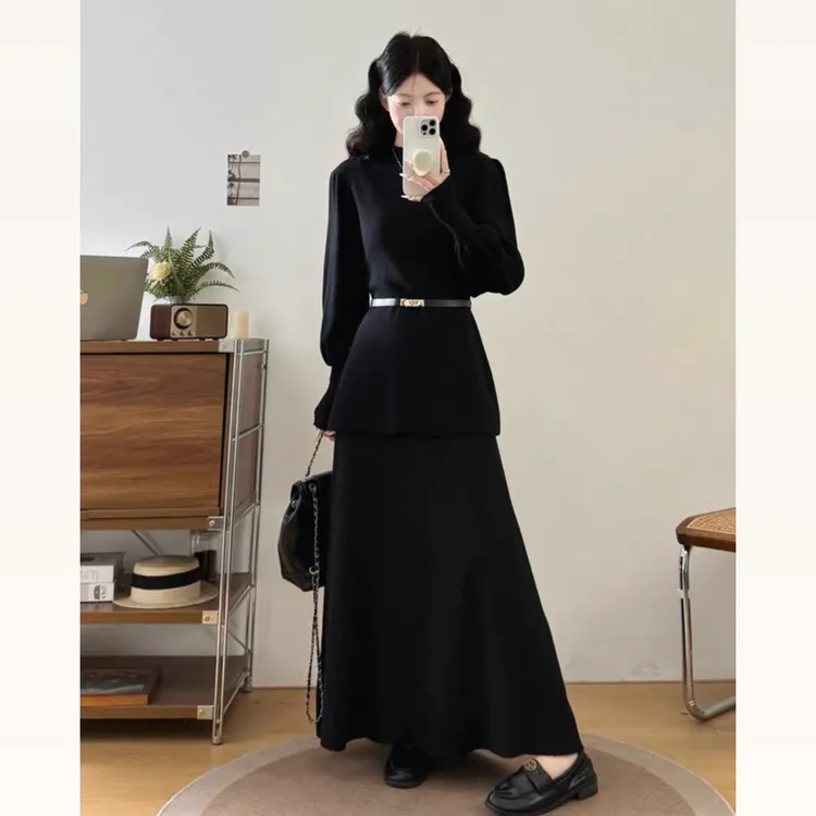 大码胖mm半高领灯笼袖上衣半身裙套装秋冬高级气质显瘦两件套