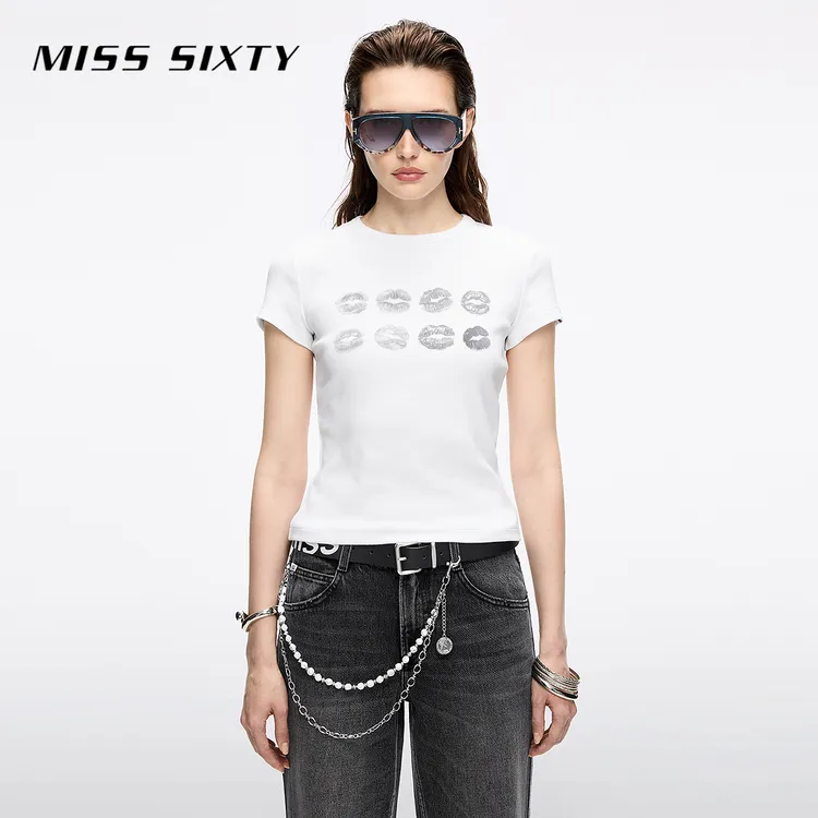 Miss Sixty2025秋季新款短袖T恤女圆领正肩显瘦嘴唇印花短款上衣