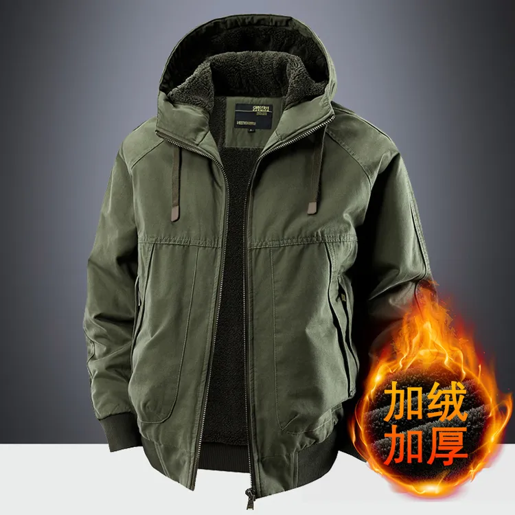 连帽棉衣男加绒加厚秋冬季纯棉工装纯棉防风防寒保暖高端棉服外套