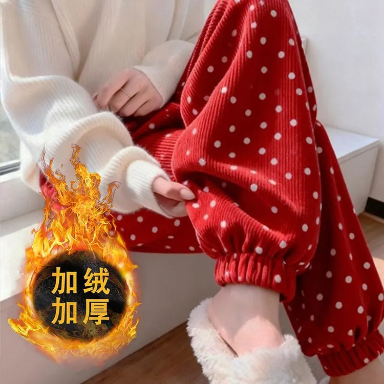 韩版时尚气质超好看2026秋冬季红色波点灯芯绒休闲束脚卫裤女装