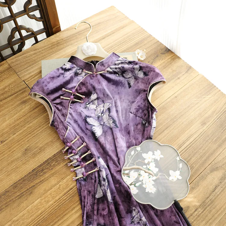 俏娘鱼紫色复古新中式大码改良月牙袖旗袍女2025秋新款气质老上海
