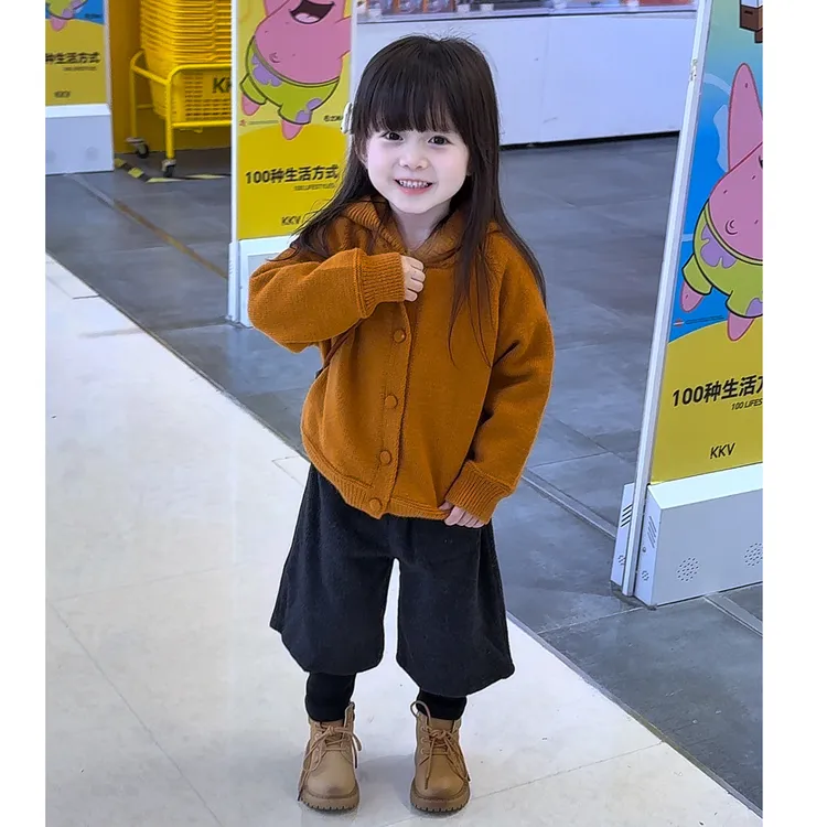 女童冬装新款镂空钩花加厚毛衣外套女宝宝森系针织衫上衣连帽衣服